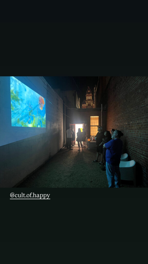 1st Friday, Cult of Happy-Lockhart Texas, my video works “Go and Sit with the Flowers” 2025