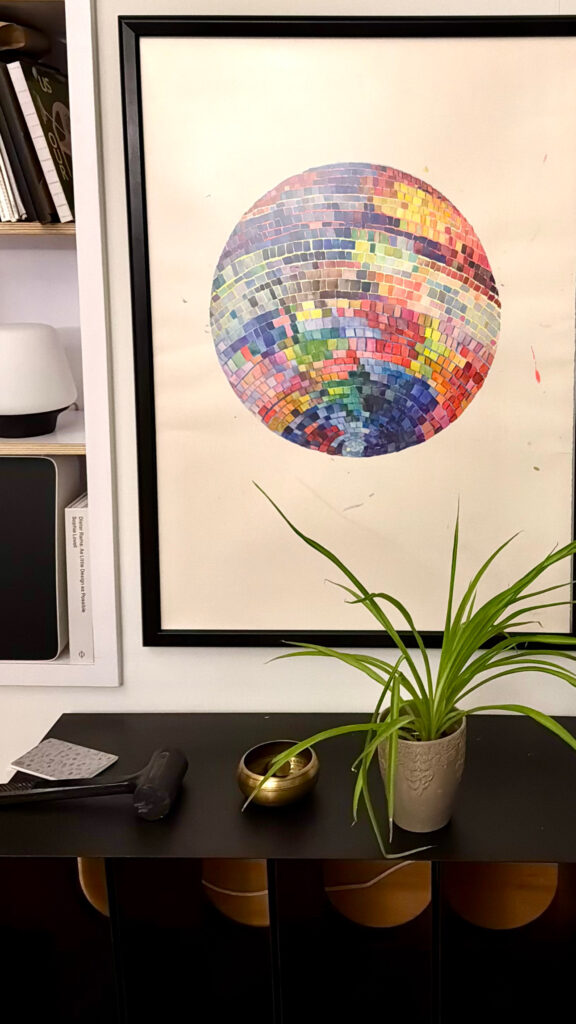 large 3ft x 4ft watercolor painter, of a disco ball portrait